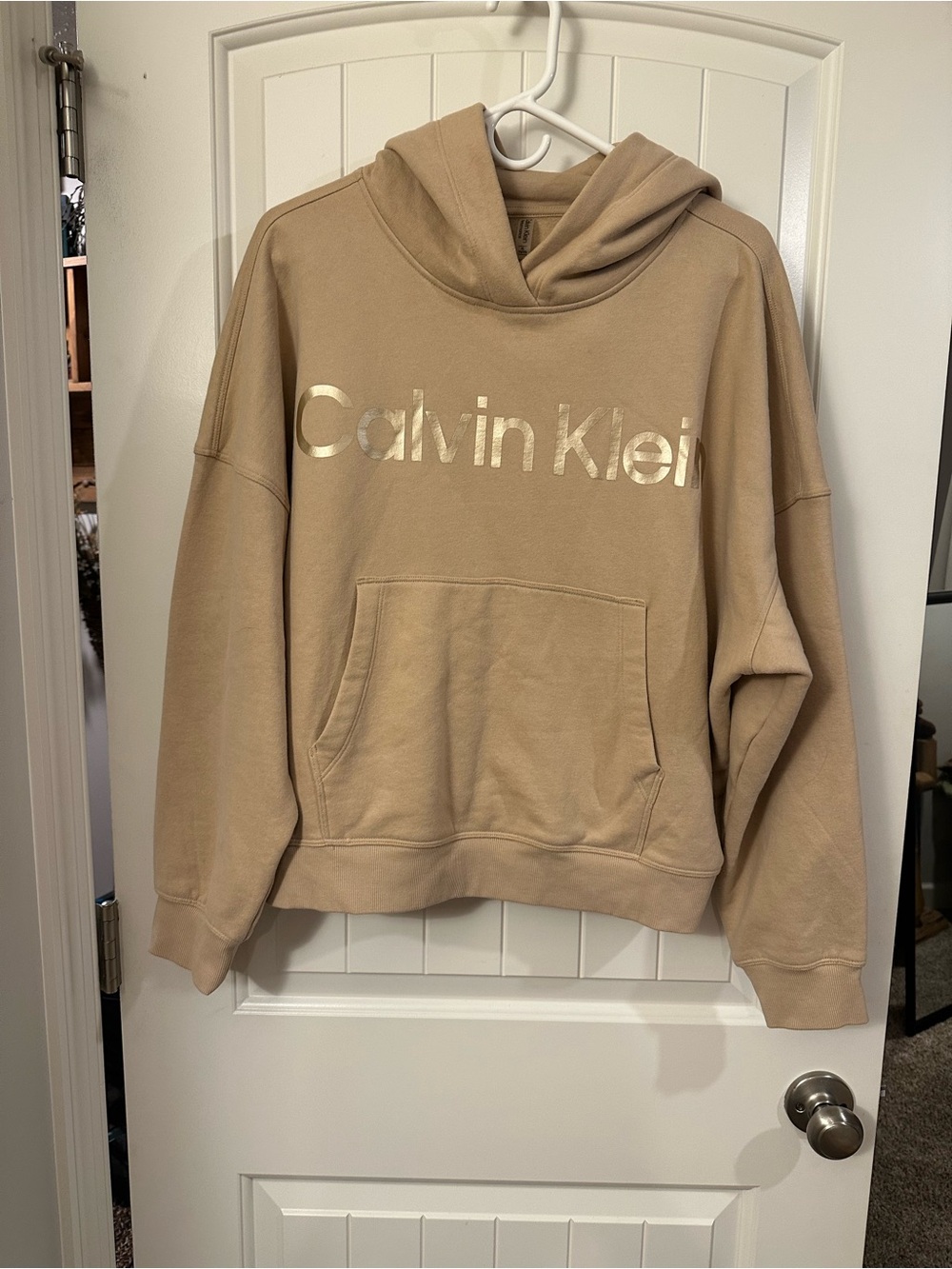 Calvin Klein Beige Hoodie with Metallic Logo